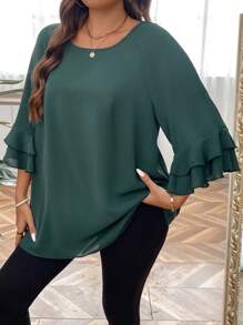 SHEIN Clasi Blusa de manga amplia unicolor - Verde Oscuro - Ver 4