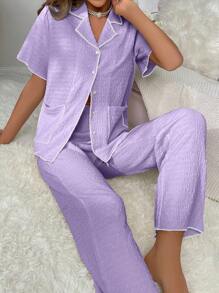 Contrast Binding Button Front Lounge Set - Lilac Purple - View 1