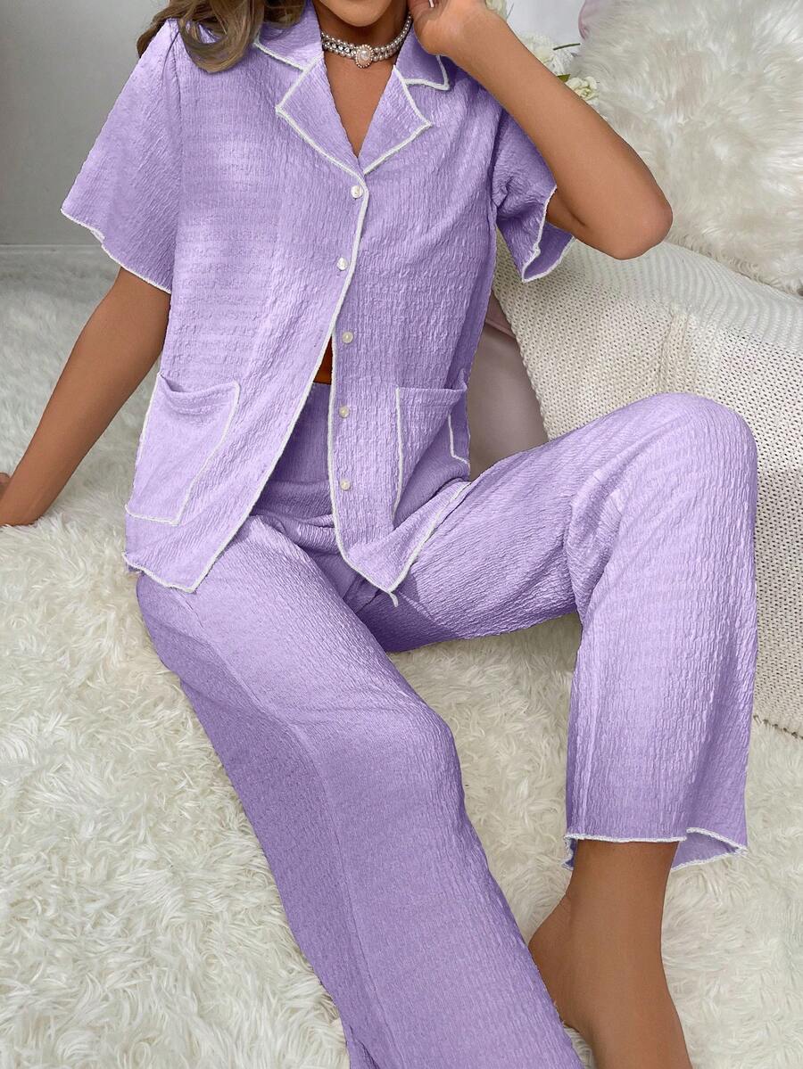 Contrast Binding Button Front Lounge Set - Lilac Purple - View 1