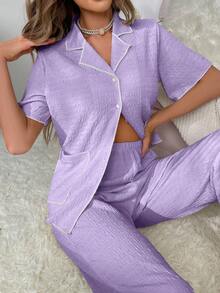 Contrast Binding Button Front Lounge Set - Lilac Purple - View 6