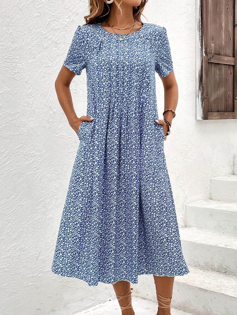 SHEIN LUNE Ditsy Floral Print Puff Sleeve Smock Dress - Blue - View 1