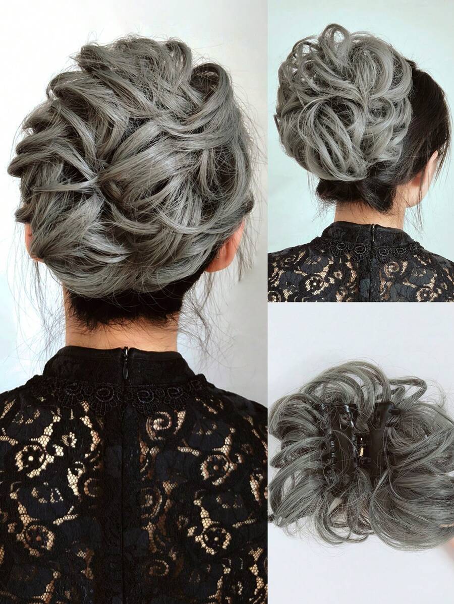 Short Curly Synthetic Hair Bun - Grey - View 1