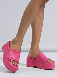 Giày sandal đế xuồng đế vuông mũi vuông cho nữ, giày lười hở mũi gợi cảm, giày da thoáng khí mùa hè - Màu Hồng Tươi - Xem 3