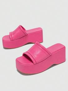 Giày sandal đế xuồng đế vuông mũi vuông cho nữ, giày lười hở mũi gợi cảm, giày da thoáng khí mùa hè - Màu Hồng Tươi - Xem 4