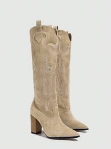 女士尖头高跟鞋，时尚百搭，适合户外穿着，搭配牛仔裤完美，适合春、夏、秋季，过膝长靴，牛仔靴 - 杏色 - 查看 4