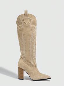 女士尖头高跟鞋，时尚百搭，适合户外穿着，搭配牛仔裤完美，适合春、夏、秋季，过膝长靴，牛仔靴 - 杏色 - 查看 5