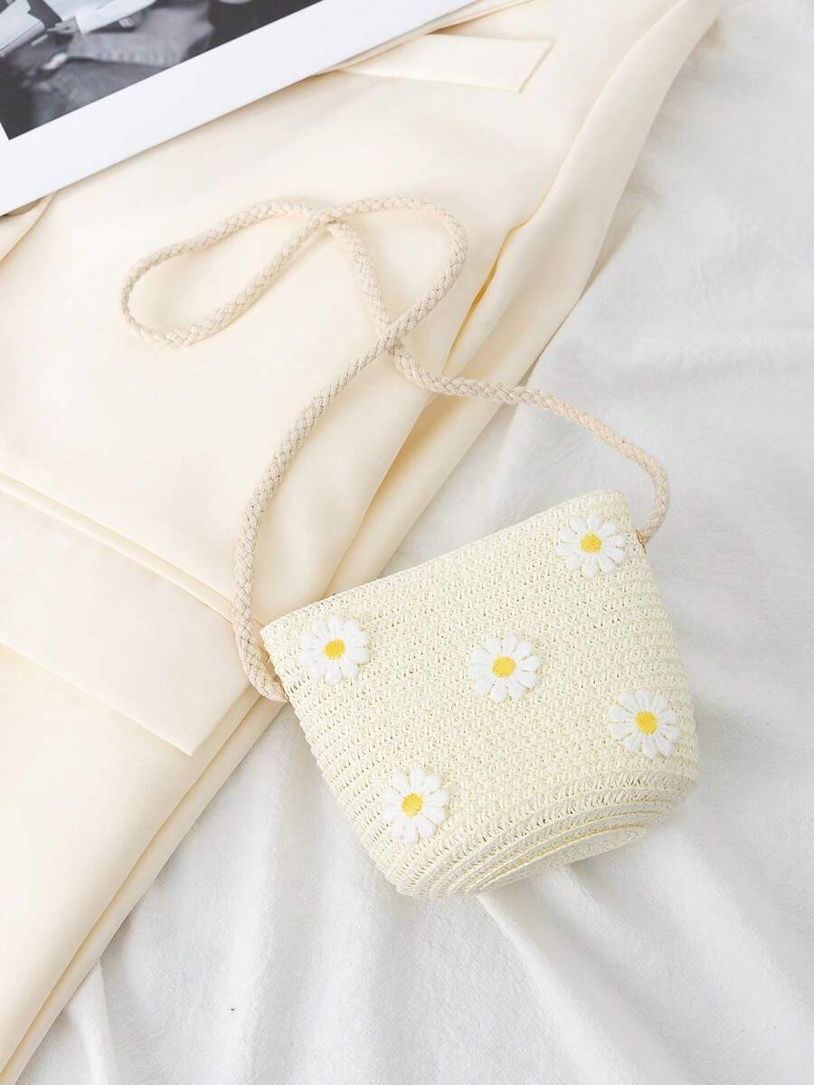 女孩花朵裝飾輕便度假草編包 - 白色 - 查看 1