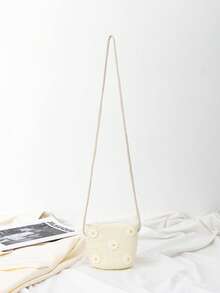 女孩花朵裝飾輕便度假草編包 - 白色 - 查看 2