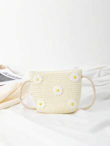 女孩花朵裝飾輕便度假草編包 - 白色 - 查看 3