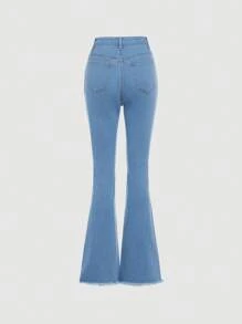 SHEIN 适合春夏季的少女纯色休闲磨边喇叭牛仔裤 - 淺色水洗藍 - 查看 2