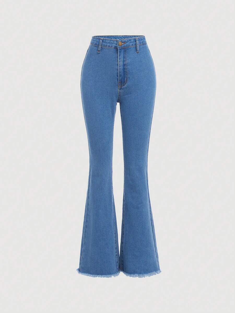 SHEIN 素面休閒流蘇牛仔褲，適合春夏季青少女 - 淺色水洗藍 - 查看 1