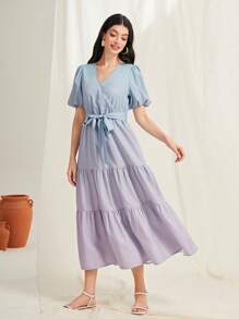 Mulvari 漸層泡泡袖層疊下擺繫腰帶洋裝 - 彩色 - 查看 3