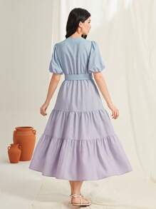 Mulvari 漸層泡泡袖層疊下擺繫腰帶洋裝 - 彩色 - 查看 4