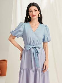 Mulvari 漸層泡泡袖層疊下擺繫腰帶洋裝 - 彩色 - 查看 5