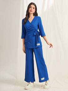 Mulvari 字母補丁細節圍裹側打結上衣和闊腿褲 - 藍色 - 查看 4