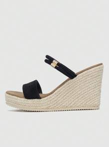 Women Espadrille Wedge Slide Sandals, Faux Suede Vacation Sandals - Black - View 4