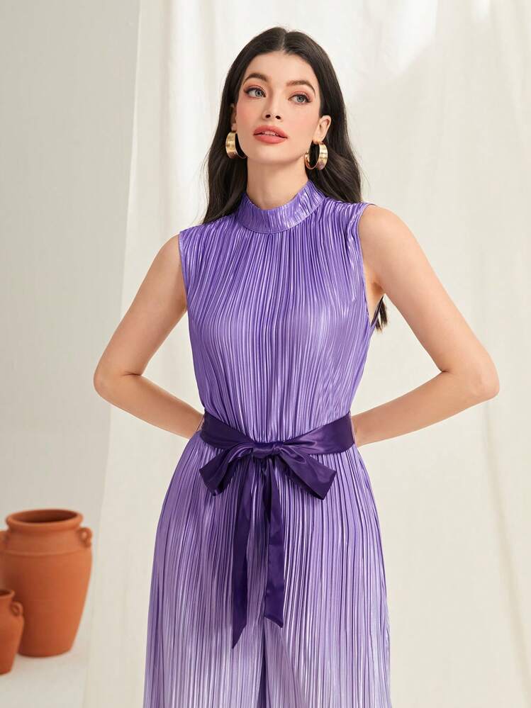 Mulvari Ombre Pleated Belted Wide Leg Jumpsuit - Purple - View 4