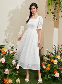 Mulvari 方領泡泡袖蕾絲連衣裙 - 白色 - 查看 3