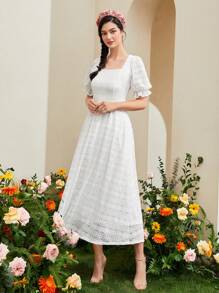 Mulvari 方領泡泡袖蕾絲連衣裙 - 白色 - 查看 8