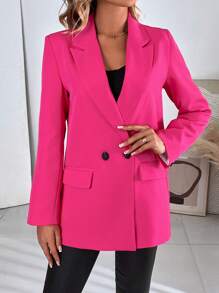 SHEIN BIZwear Double Breasted Lapel Neck Blazer Workwear - Hot Pink - View 5