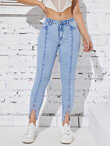 SHEIN EZwear Jeans ajustados bajo con abertura - Lavado ligero - Ver 3