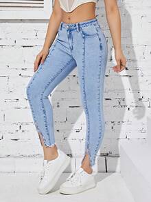 SHEIN EZwear Jeans ajustados bajo con abertura - Lavado ligero - Ver 4