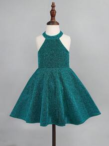 Young Girls Solid Halter Neck Party Dress - Green - View 1