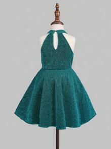 Young Girls Solid Halter Neck Party Dress - Green - View 2