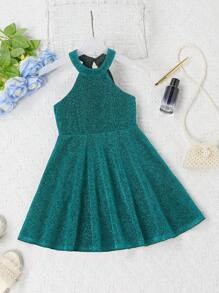 Young Girls Solid Halter Neck Party Dress - Green - View 4