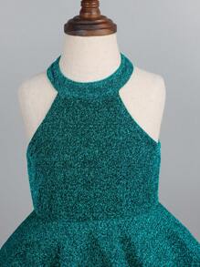 Young Girls Solid Halter Neck Party Dress - Green - View 5