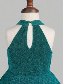 Young Girls Solid Halter Neck Party Dress - Green - View 6