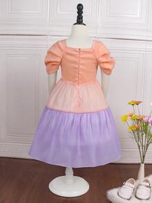 SHEIN Vestido de fiesta Chicas jovenes de color combinado de manga farol bajo con fruncido - Multicolor - Ver 2