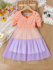 SHEIN Vestido de fiesta Chicas jovenes de color combinado de manga farol bajo con fruncido - Multicolor - Ver 6