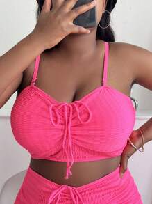 SHEIN Swim Curve Plus Drawstring Front Bikini Top - Hot Pink - View 3