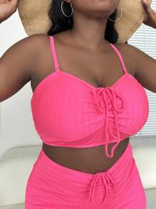 SHEIN Swim Curve Plus Drawstring Front Bikini Top - Hot Pink - View 4