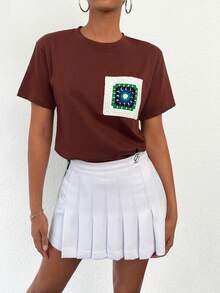 EURMUSE Patched Detail Split Hem Tee - Brown - View 2