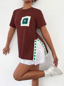 EURMUSE Patched Detail Split Hem Tee - Brown - View 4