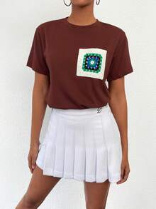 EURMUSE Patched Detail Split Hem Tee - Brown - View 5