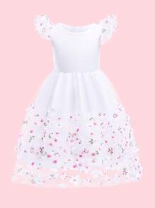 小女童貼花網紗覆蓋荷葉袖晚禮服 - 白色 - 查看 1