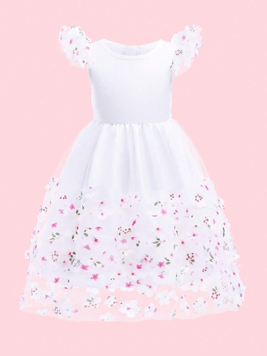 小女童貼花網紗覆蓋荷葉袖晚禮服 - 白色 - 查看 1