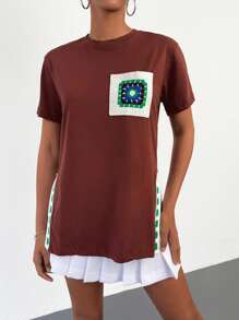 EURMUSE Patched Detail Split Hem Tee - Brown - View 1