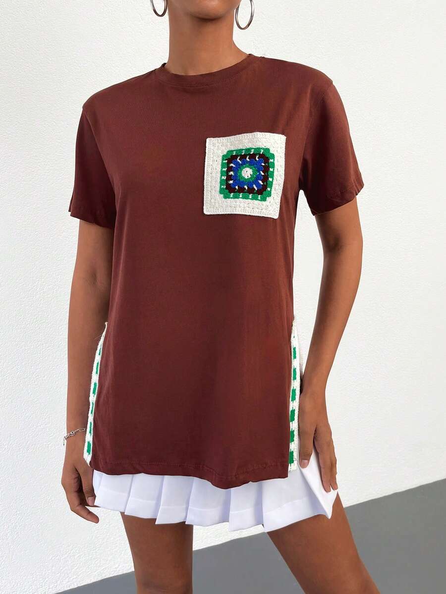 EURMUSE Patched Detail Split Hem Tee - Brown - View 1