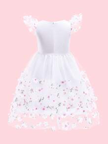 小女童貼花網紗覆蓋荷葉袖晚禮服 - 白色 - 查看 2