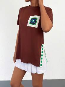 EURMUSE Patched Detail Split Hem Tee - Brown - View 6
