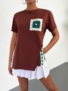 EURMUSE Patched Detail Split Hem Tee - Brown - View 3
