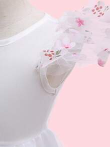 小女童貼花網紗覆蓋荷葉袖晚禮服 - 白色 - 查看 4