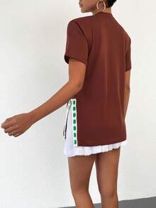 EURMUSE Patched Detail Split Hem Tee - Brown - View 7