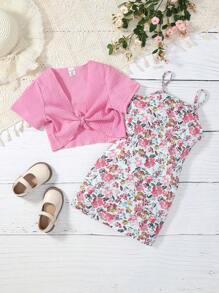 SHEIN 小女童印花吊帶連衣裙和前繫帶上衣套裝 - 彩色 - 查看 1