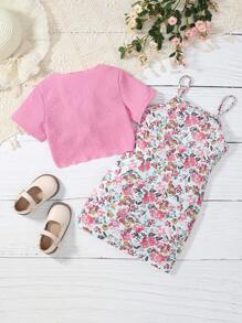 SHEIN 小女童印花吊帶連衣裙和前繫帶上衣套裝 - 彩色 - 查看 2