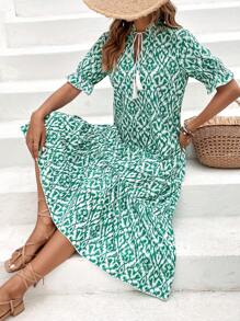 SHEIN LUNE Allover Print Flare Sleeve Ruffle Hem Dress - Green - View 4